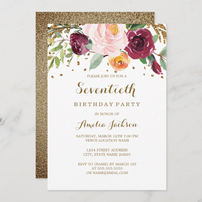 Gold Burgundy Floral Glitter 70th Birthday Party Invitation (Front/Back)