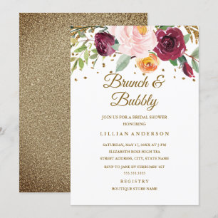 Gold Burgundy Floral Glitter Brunch And Bubbly Invitation