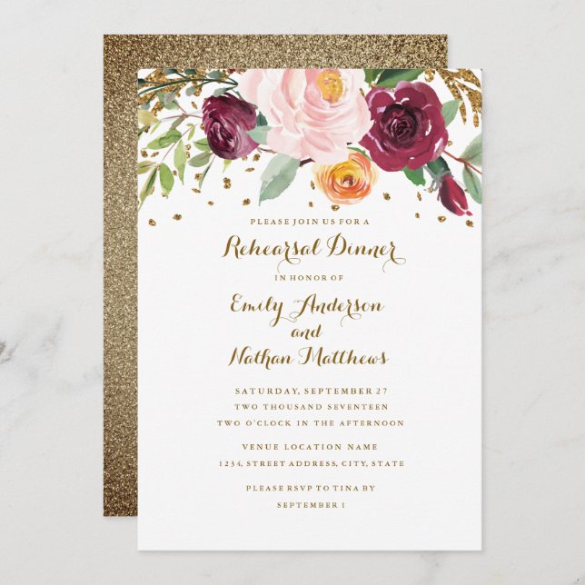Gold Burgundy Floral Glitter Rehearsal Dinner Invitation (Front/Back)