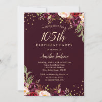 Gold Burgundy floral Sparkle 105th Birthday Party