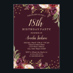 Gold Burgundy floral Sparkle 18th Birthday Invitation<br><div class="desc">More pretty Floral Birthday Invitations in the Little Bayleigh Store!</div>