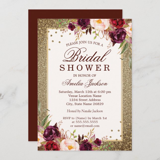 Gold Burgundy floral Sparkle Bridal Shower Invitation (Front/Back)