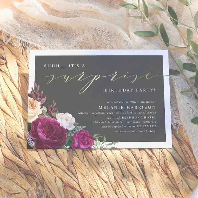 Gold & Burgundy Floral Surprise Birthday Party Invitation (Creator Uploaded)