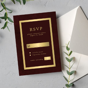 Gold burgundy formal wedding modern typography RSVP card