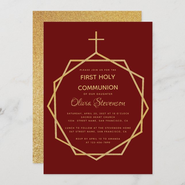 Gold Burgundy Girl First Holy Communion Geometric Invitation (Front/Back)