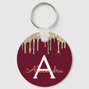 Gold Burgundy Girly Sparkly Glitter Monogram Key Ring