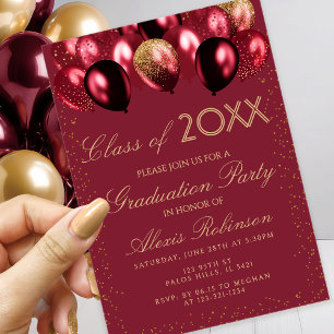 Gold Burgundy Glitter Balloons Graduation Party Invitation