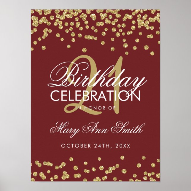 Gold Burgundy Glitter Confetti 21st Birthday Poster (Front)