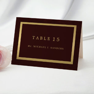 Gold burgundy guest name wedding place card 