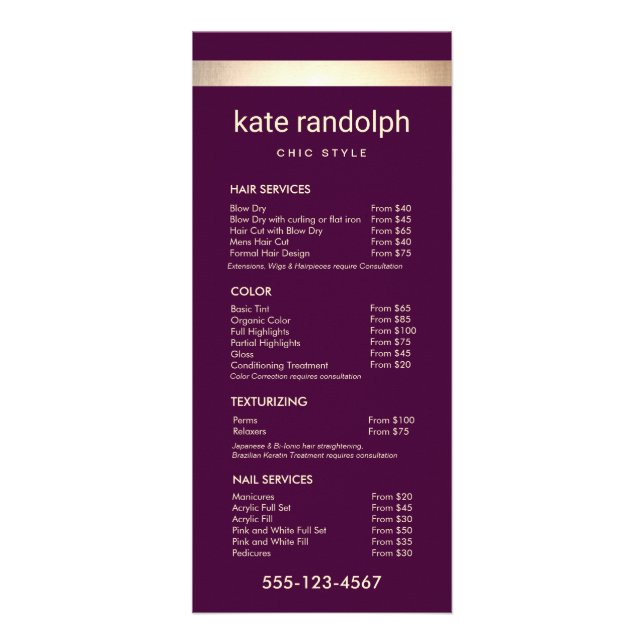 Gold  Burgundy Hair Salon Spa Price List Menu (Front)