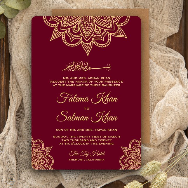 Gold Burgundy Henna Mehndi Islamic Wedding Invitation (Creator Uploaded)