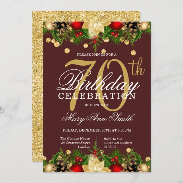 Gold & Burgundy Holiday Glitter 70th Birthday  Invitation (Front/Back)