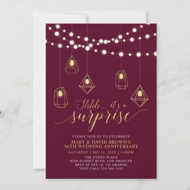 Gold Burgundy Lights Surprise Wedding Anniversary Invitation (Front)