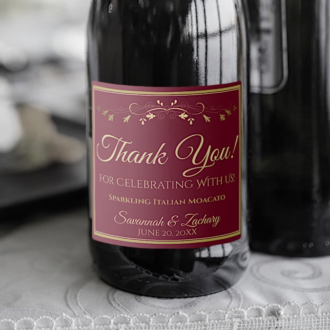 Gold & Burgundy Maroon Wedding Thank You Sparkling Wine Label (Creator Uploaded)