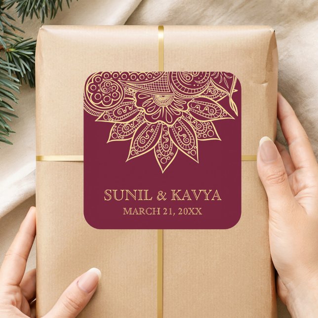 Gold Burgundy Mehendi Henna Indian Wedding Favour Square Sticker (Creator Uploaded)