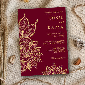 Gold Burgundy Mehendi Henna Indian Wedding Invitation