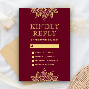 Gold Burgundy Mehendi Henna Indian Wedding RSVP Card