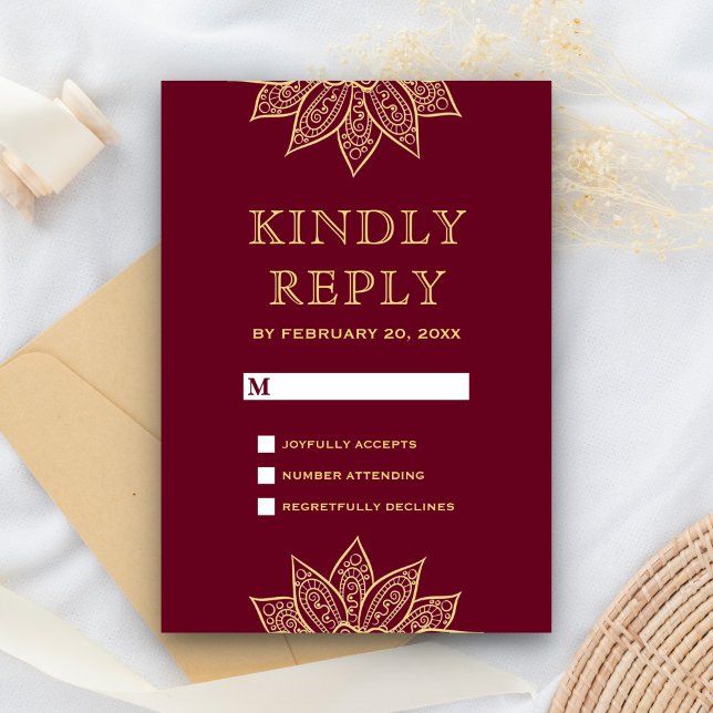 Gold Burgundy Mehendi Henna Indian Wedding RSVP Card (Creator Uploaded)