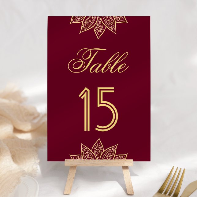 Gold Burgundy Mehendi Henna Indian Wedding Table Number (Creator Uploaded)