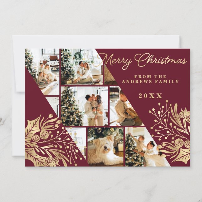 Gold Burgundy Merry Christmas Floral Photo Collage Holiday Card (Front)