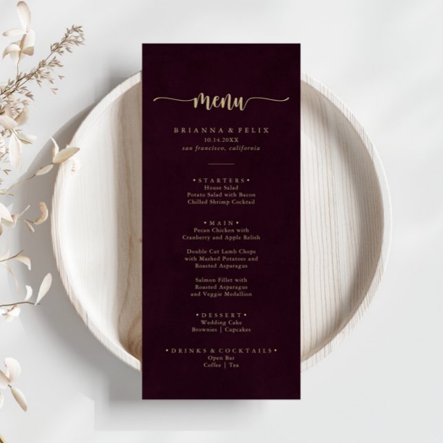 Gold Burgundy Minimalist Calligraphy Dinner Menu (Creator Uploaded)