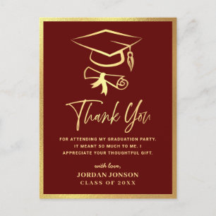 Gold Burgundy Modern Graduation Party Thank You Postcard