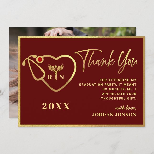 Gold Burgundy Modern Nursing School Graduation Thank You Card (Front/Back)