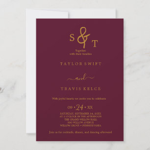 Gold & Burgundy Monogram Wedding Invitation