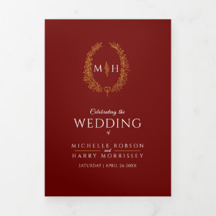 Gold burgundy monogram wreath dedication wedding Tri-Fold programme