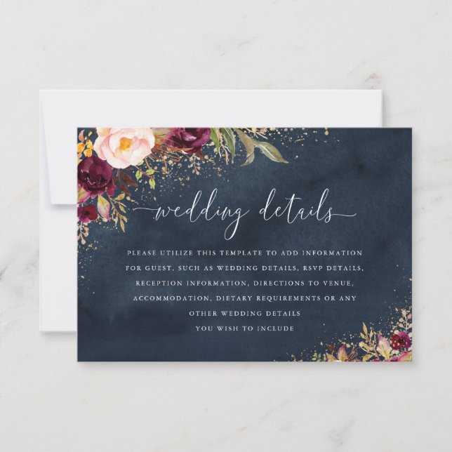 Gold Burgundy Navy Floral Wedding Details Card (Front)