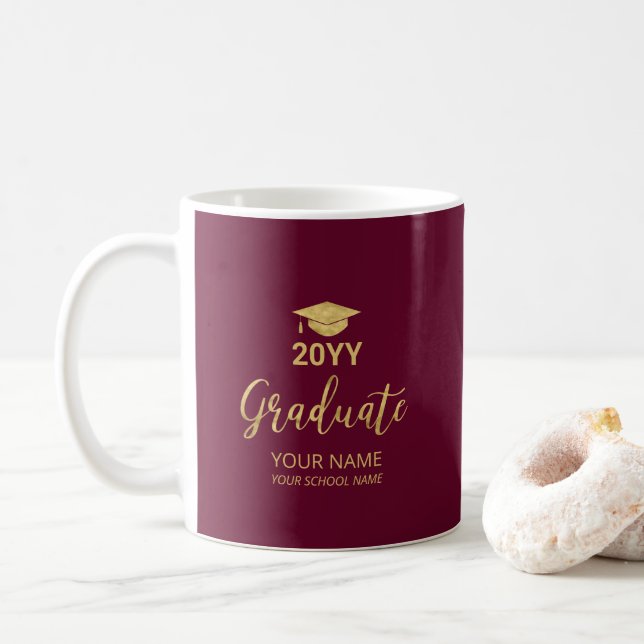 Gold & Burgundy Personalised Graduation Gifts Coffee Mug (With Donut)