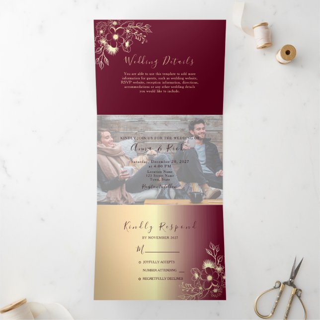 Gold Burgundy Photo Tri-Fold Invitation (Inside)