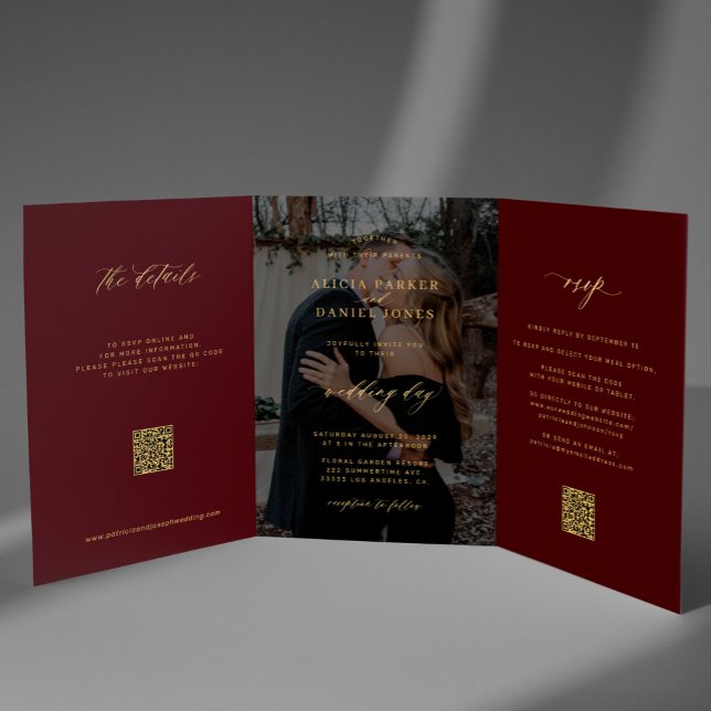 Gold burgundy photo wedding RSVP details QR code  Tri-Fold Invitation (Creator Uploaded)