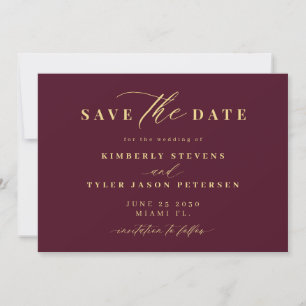 Gold burgundy QR code simple elegant wedding Save The Date