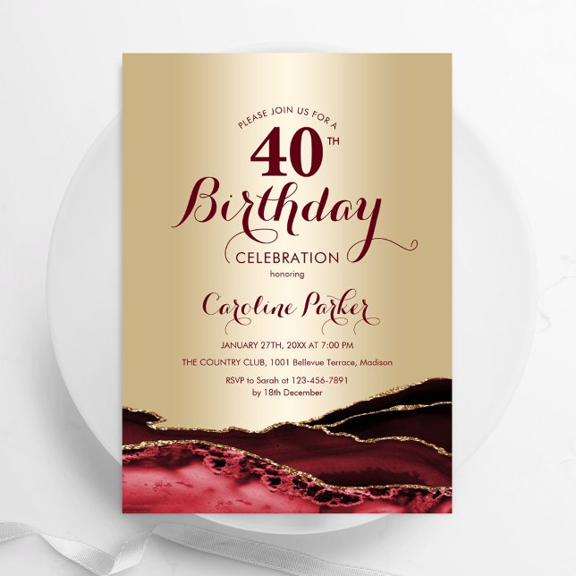 Gold Burgundy Red Agate 40th Birthday Invitation (Creator Uploaded)