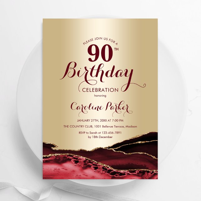 Gold Burgundy Red Agate 90th Birthday Invitation (Creator Uploaded)