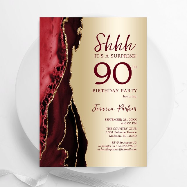 Gold Burgundy Red Agate Surprise 90th Birthday Invitation (Creator Uploaded)