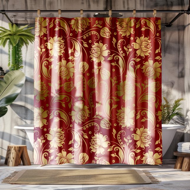 Gold & Burgundy Red Floral Damask Pattern Shower Curtain (Creator Uploaded)