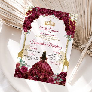 Gold Burgundy Red Floral Princess Quinceañera Invitation