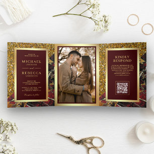 Gold Burgundy Red Marble Photo QR Code Wedding Tri-Fold Invitation