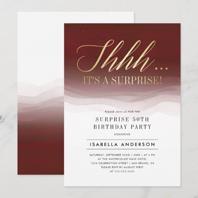 Gold & Burgundy Red Watercolor Surprise Birthday Invitation (Front/Back)