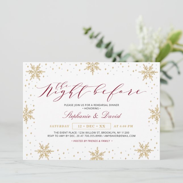 Gold & Burgundy Red Winter Rehearsal Dinner Party Invitation (Standing Front)