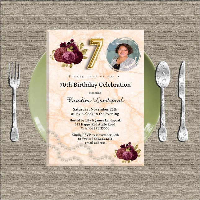 Gold & Burgundy Roses 70th Birthday  Invitation (Creator Uploaded)
