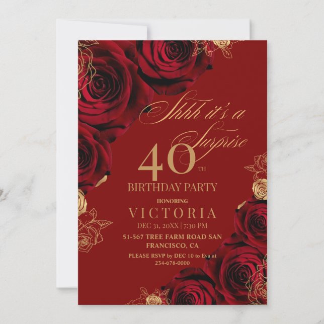 Gold Burgundy Roses Surprise 40th Birthday Invitation (Front)