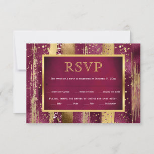 Gold, burgundy strokes, confetti wedding RSVP card