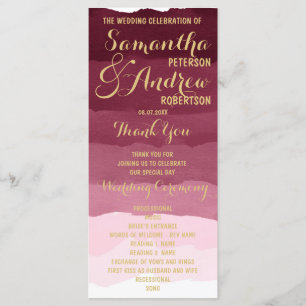Gold burgundy watercolor ombre Wedding Program Programme