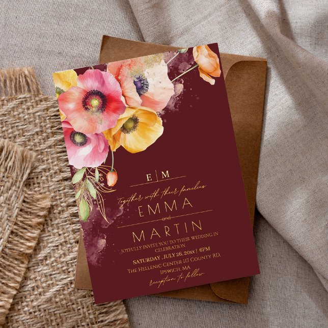Gold & Burgundy Watercolor Poppies Floral Wedding (Creator Uploaded)