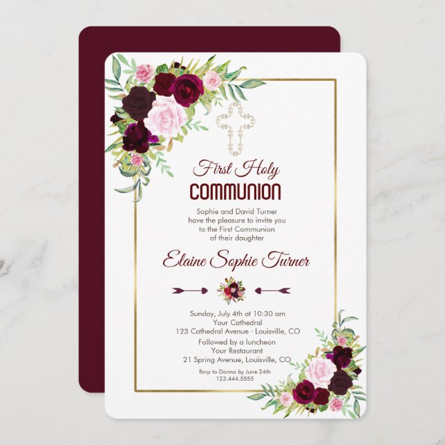Gold Burgundy White Roses First Holy Communion Invitation (Front/Back)