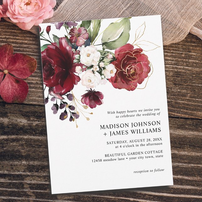 Gold Burgundy Wine Blush Floral Casual Wedding Invitation (Gold Burgundy Wine Blush Floral Casual Wedding Invitation)