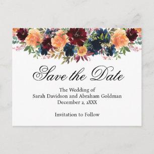Gold Burgundy Wine Navy Blue Save the Date  Postcard